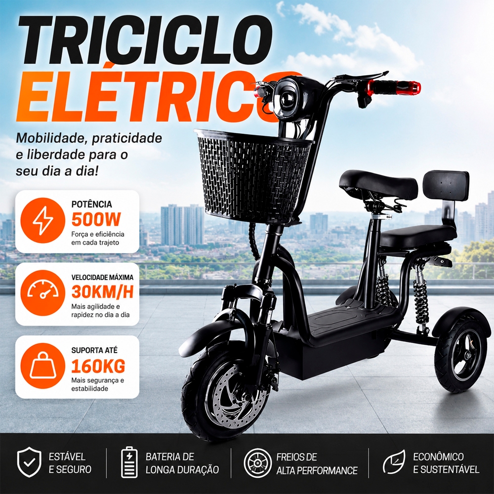 Triciclo Elétrico Adulto 2 Assentos 500W P/Duas Pessoas Farol Alarme Mini Moto S/CNH Autonomia 25Km