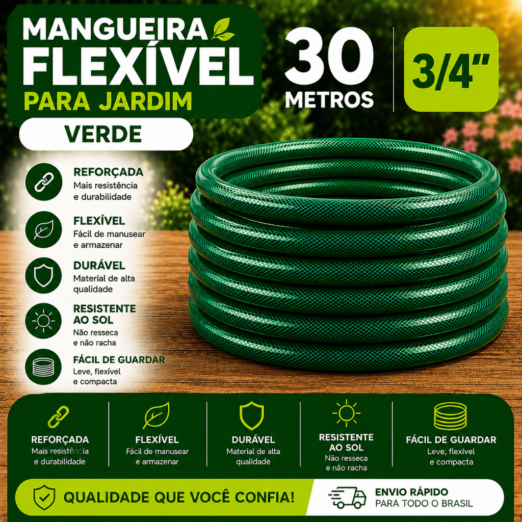 Mangueira 30 metros trançada 3/4 verde para jardim reforçada anti dobra irrigação