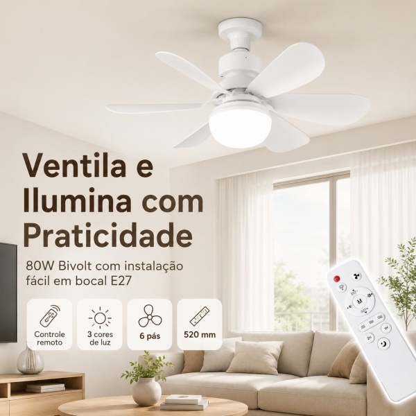 Ventilador Luminária Led 80W 6 Pás Lâmpada Soquete Bocal E27 52CM Teto 3 Cor Branco Preto Com Base