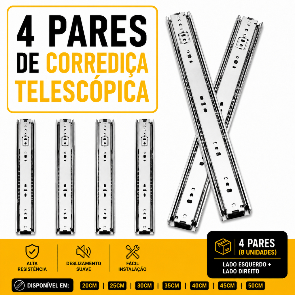 Kit 8 Corrediças Telescópica Reforçada Trilho +Brinde Parafusos - 20CM 25CM 30CM 35CM 40CM 45CM 50CM