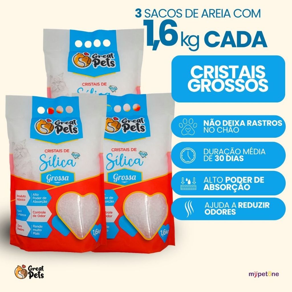 Kit 3 Areia Sílica Grossa Great Pets para Gatos - 1,6 Kg
