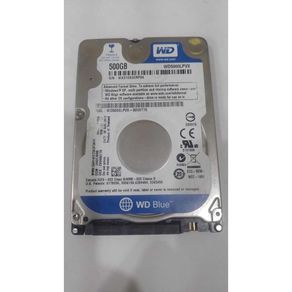 HD Notebook Western Digital WD Blue 500GB SATA 2.5" WD5000LPVX Disco Rígido Interno para Laptop
