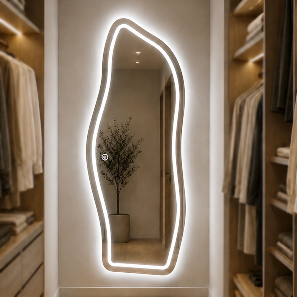 Espelho Decorativo Flame Orgânico 170x70cm Iluminação Led Integrada 3 Temperaturas Jateado Bivolt