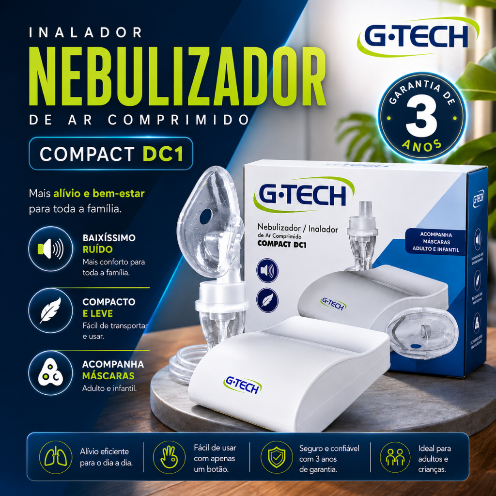 Inalador e Nebulizador Gtech de Ar Comprimido Compact DC1 Ideal Para Resfriados
