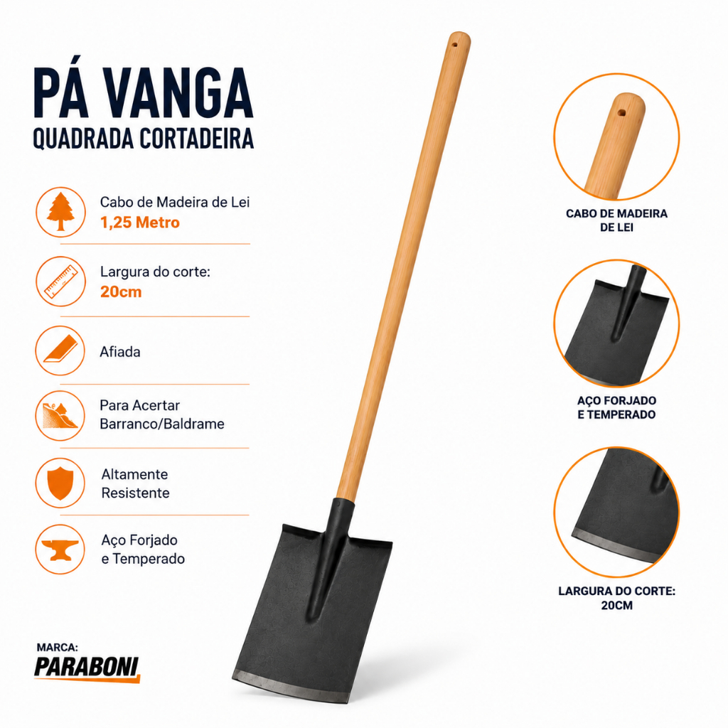 Pá Vanga Cortadeira Quadrada Com Cabo 1,20M Forjada Paraboni