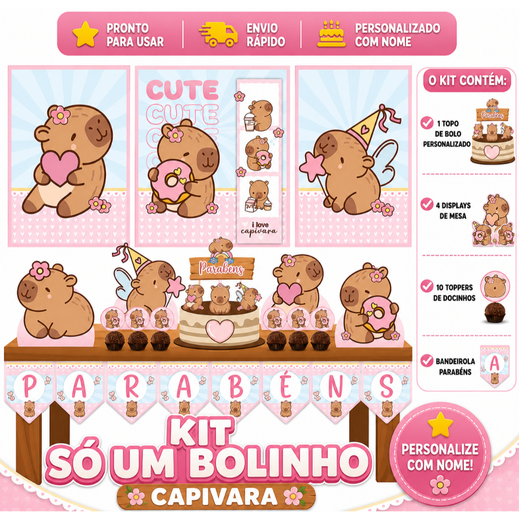 Kit Só Um Bolinho - Capivara - Festa Em Casa - Mesversário - Infantil - Menina