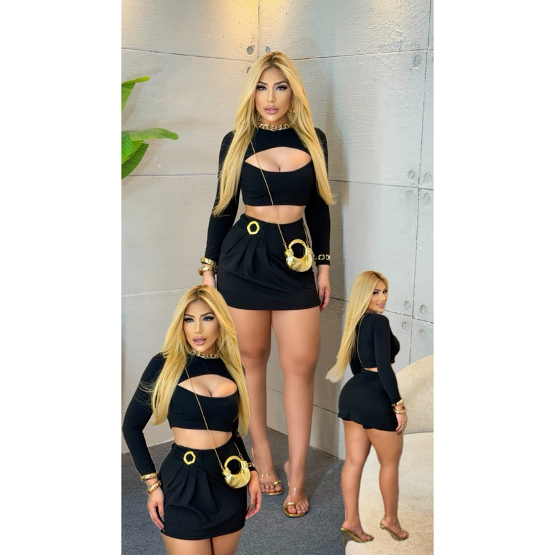 Conjunto Feminino Manga Longa Com Decote e Short Saia Plissado e Detalhe em Fivela Na Lateral | Godê | Veste do 38 ao 42