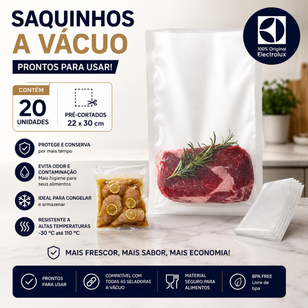 Kit 20 Sacos Electrolux 22x30cm Original A Vácuo Embalagem Com Ranhuras P/ Seladora De Alimentos