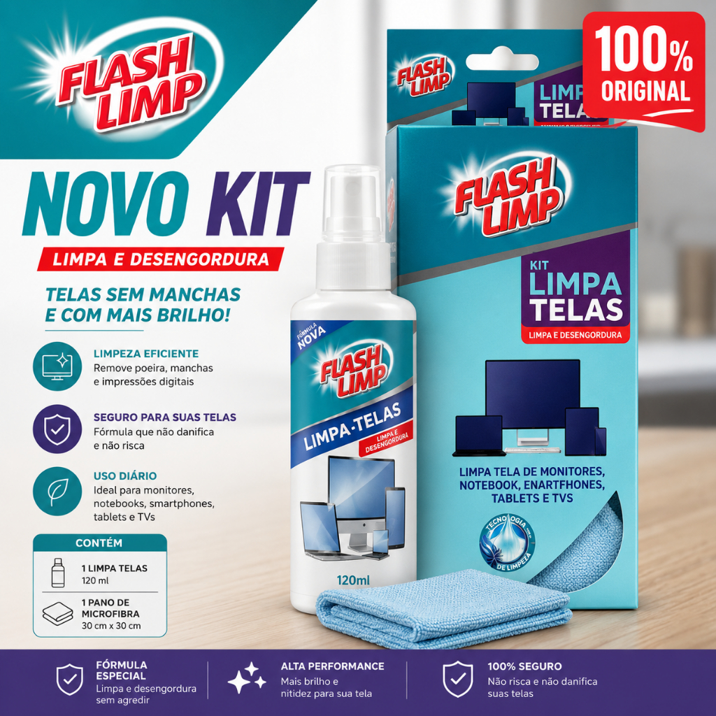 Kit Limpa Telas Flash Limp Spray 120ml + Pano De Microfibra Celular Smartphones Notebooks Televisao