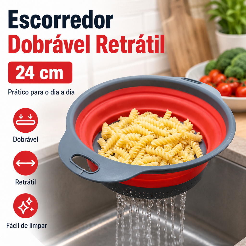 Escorredor Silicone Dobrável Retrátil 24cm Macarrão Verdura Cozinha Prático