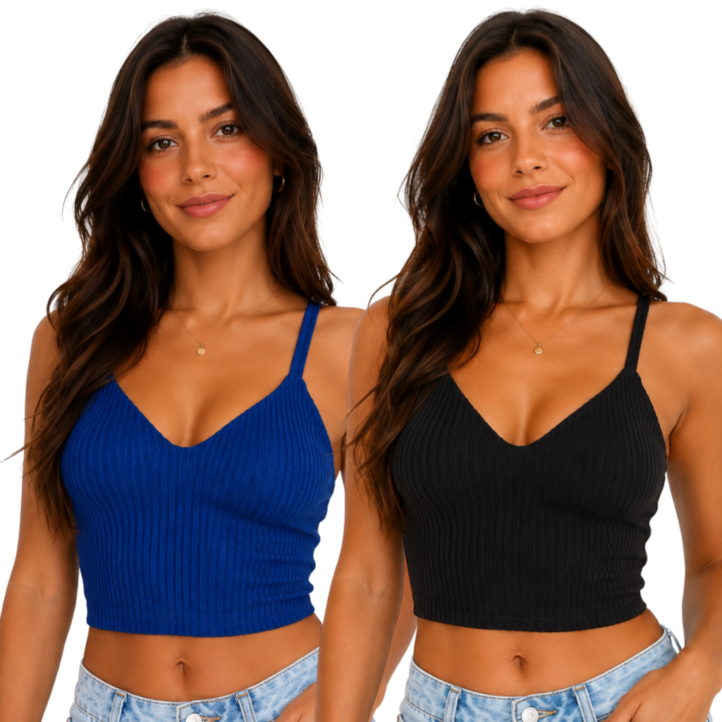 Kit 2 Cropped Top Canelado Feminino Decote V Elegante Com Bojo Tecido Confortável