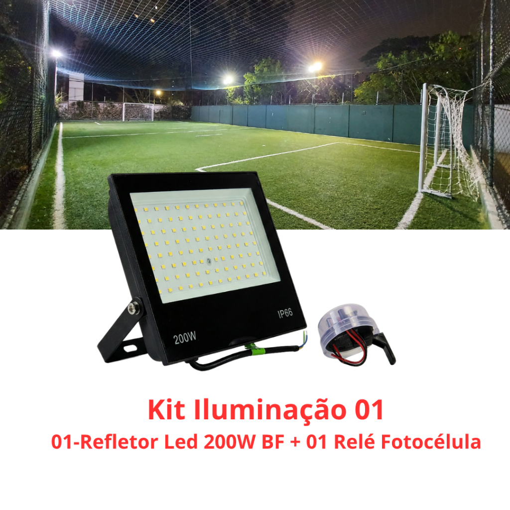 Kit 01-Refletor Holofote Led 200W - 6.000K  -  Bivolt  -  Resistente À Água E 01-Sensor Fotocélula