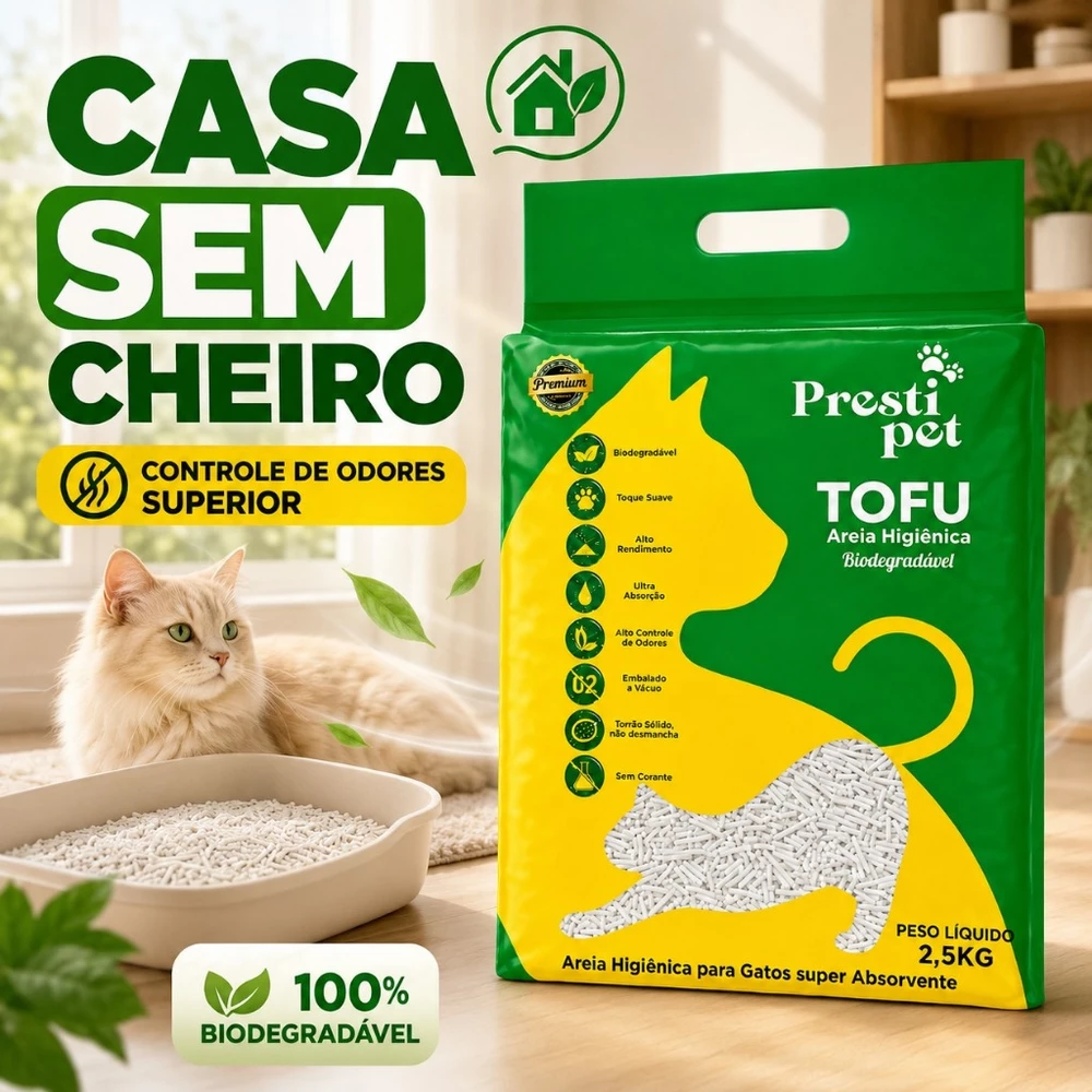Areia Higiênica Tofu Presti Pet Para Gatos Sem Cheiro Biodegradável Aglomerante Sem Pó 2,5kg
