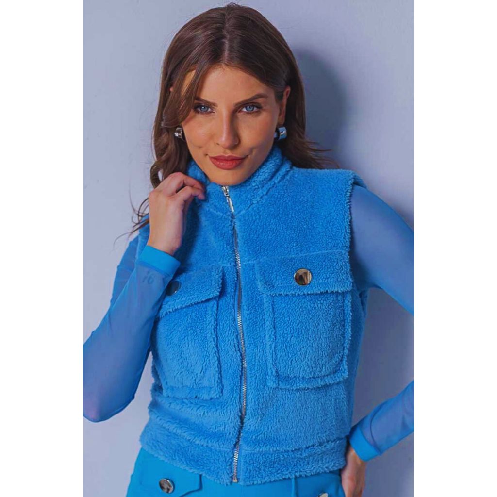 Colete Feminino ClubSoda Pele Sintética Teddy Pelo Zíper de Metal Luxo
