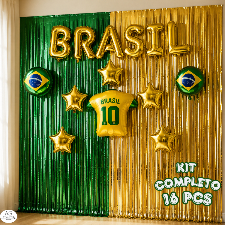 Kit Decoração Brasil Copa 2026 Balões + Cortina Metalizada + Camisa Balão + Estrelas Futebol