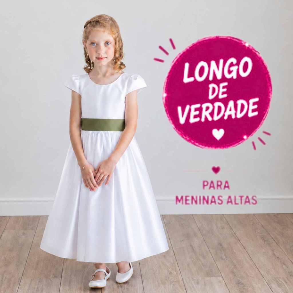 Vestido Branco Longo para meninas Altas TALL  Infantil em 25 cores faixa e laço dama honra ref4192