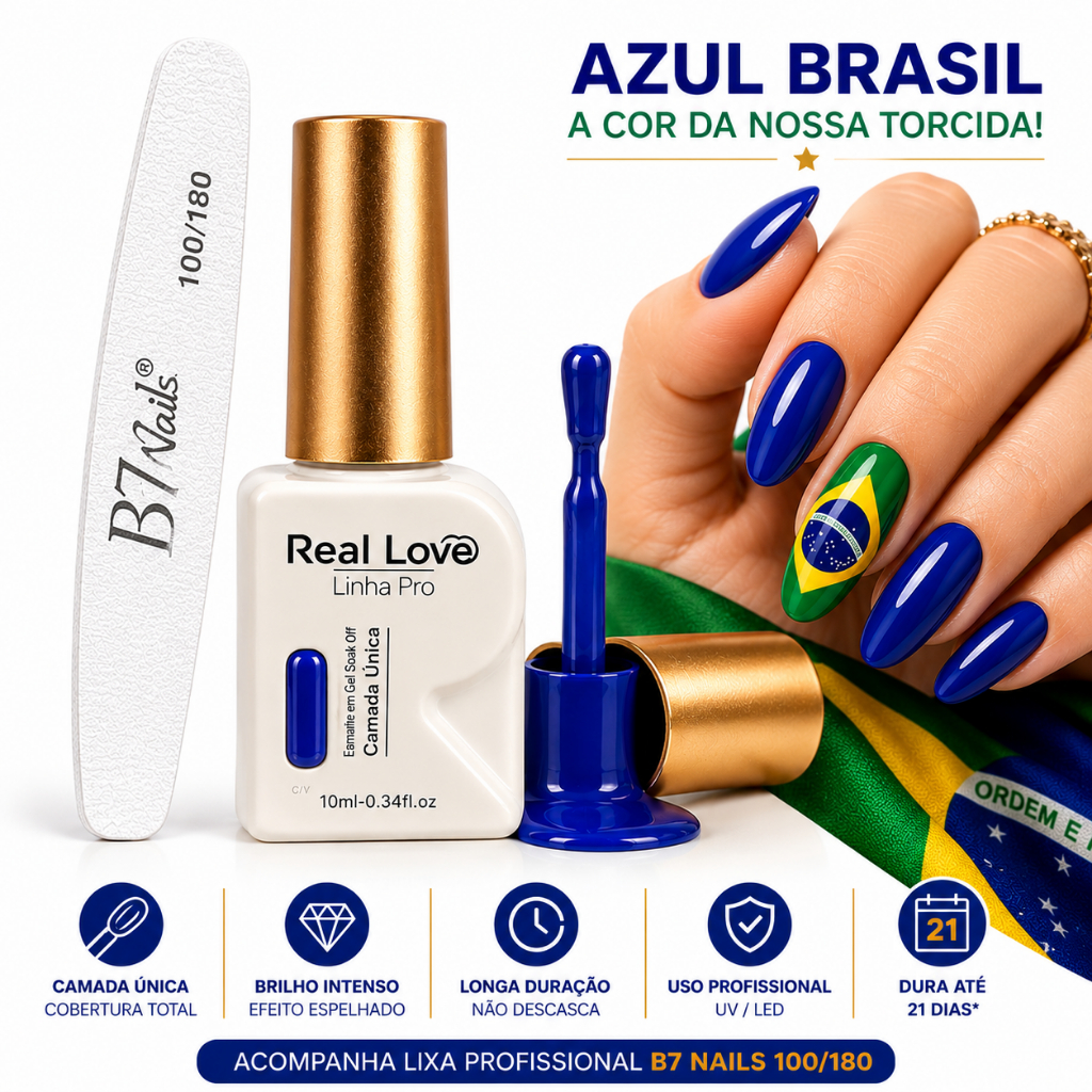 Esmalte Real Love  Azul Copa do Mundo Brasil Camada Única  + Lixa B7Uv Led 10ml - Alta Pigmentação - Blindagem unhas