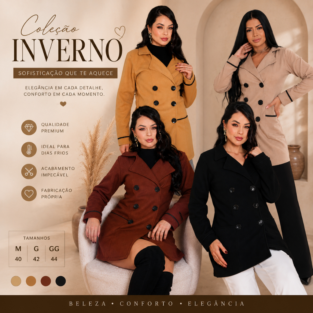 Casaco Sobretudo feminino De Lã Batida Com Botões e  bolso na frente  Gola Redobrável  Moda Inverno