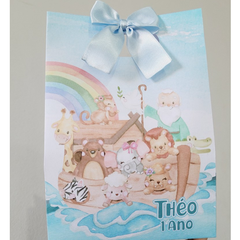 Sacolinha Personalizada Arca de Noé Aquarela Pegue e Monte com Laço Lembrancinha para Festa Infantil