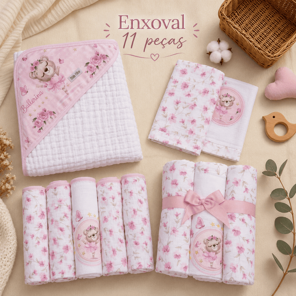 Kit Enxoval Bebê 11 Peças Luxo Toalha Capuz + Cueiros Flanelados + Fraldas + Paninhos Boca 100% Algodão!