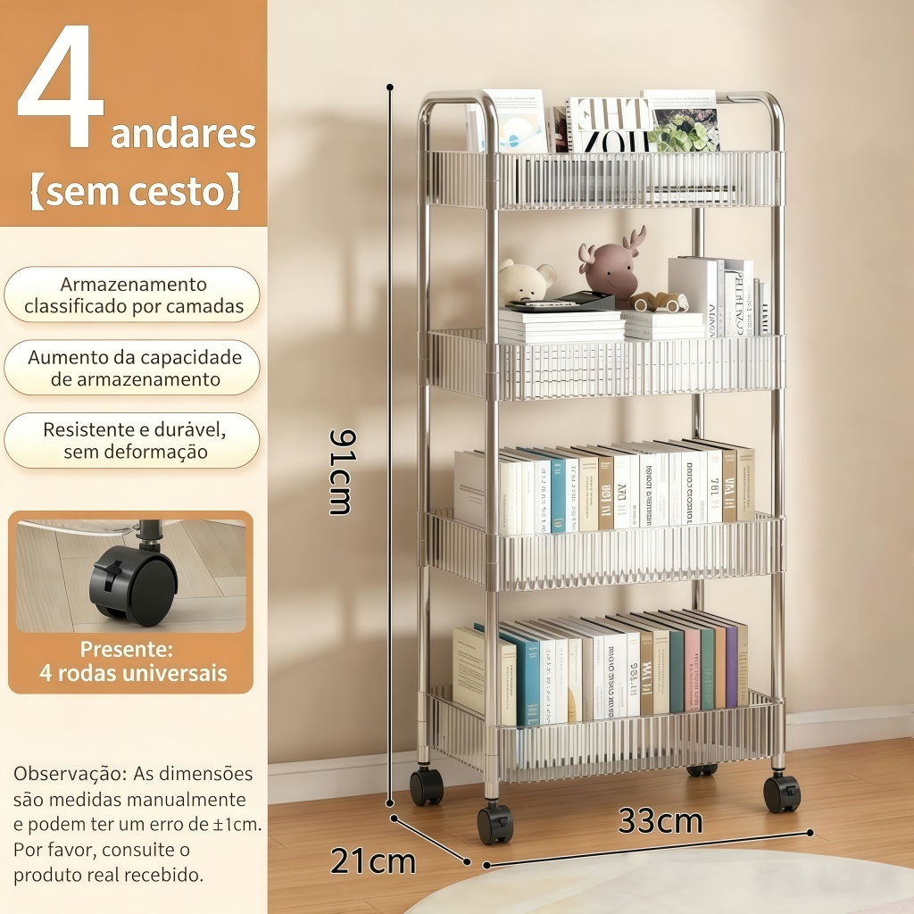 Prateleira Organizadora 4 Camadas Transparente Com Rodízios Móvel Para Cozinha e Escritório