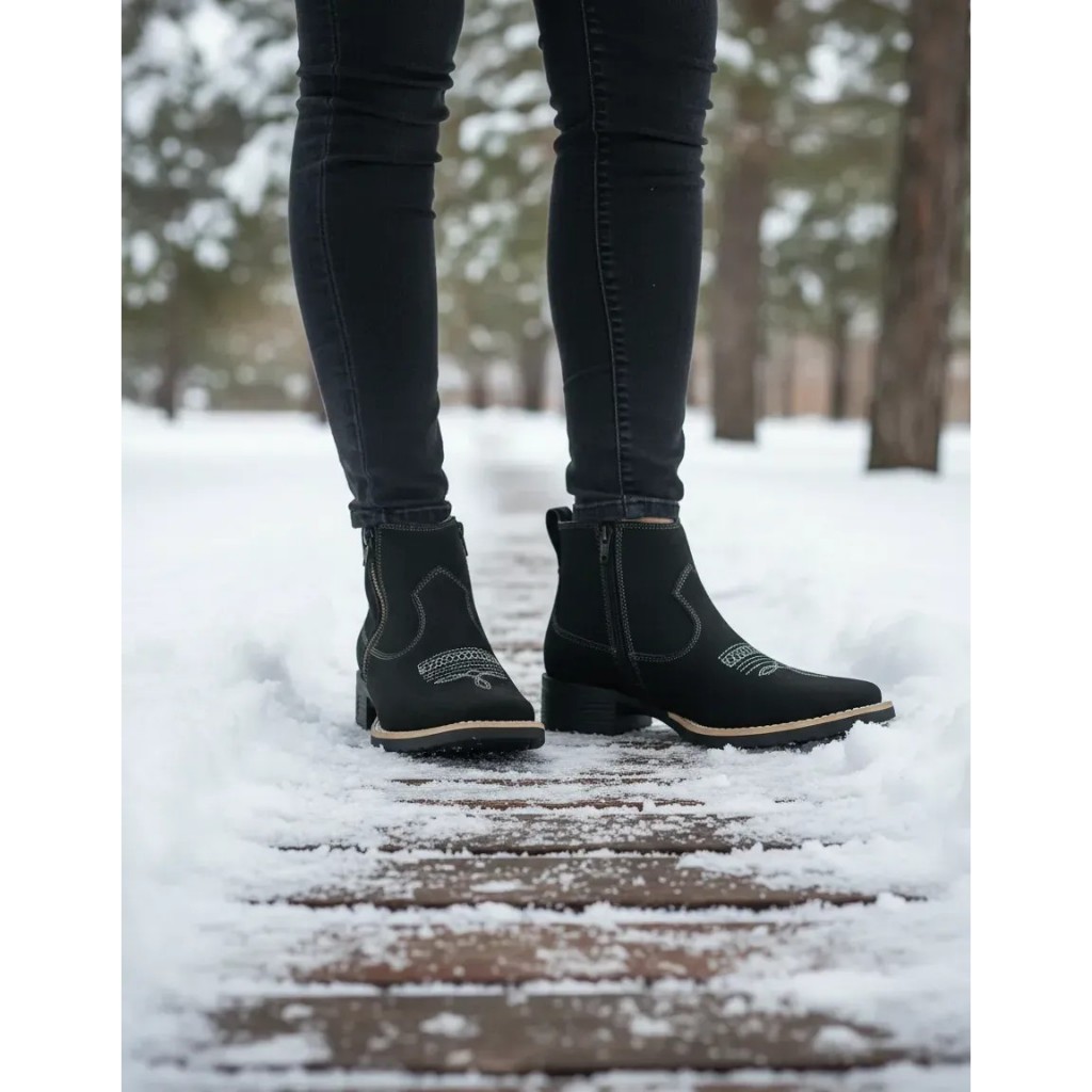 Botina Rodeio Feminina Zebu Nobuck Preto 71030 Couro Bovino Com Zíper Lateral Bota Country