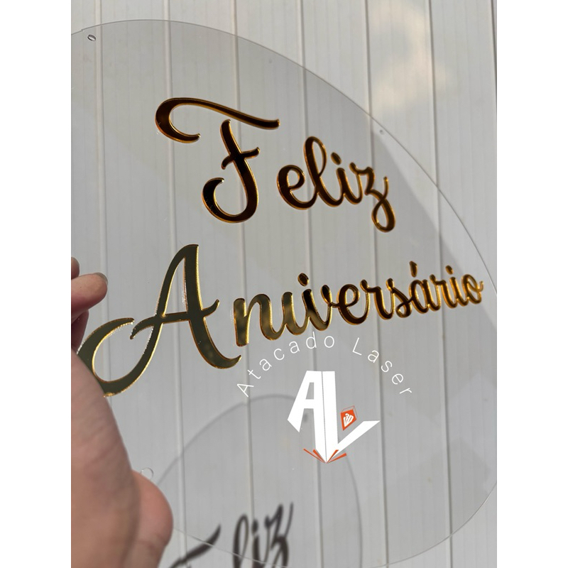 Placa Feliz aniversario de acrilico para decoracao de festa - Acrílico cristal + Acrílico espelhado - Feliz Aniversario