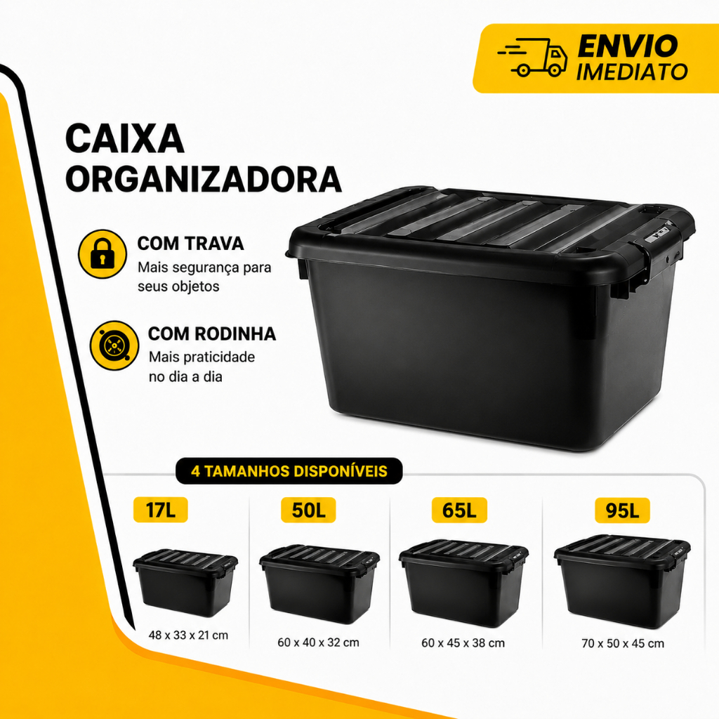 Caixa Organizadora Container 50 65 e 95 Litros Preta Com Trava