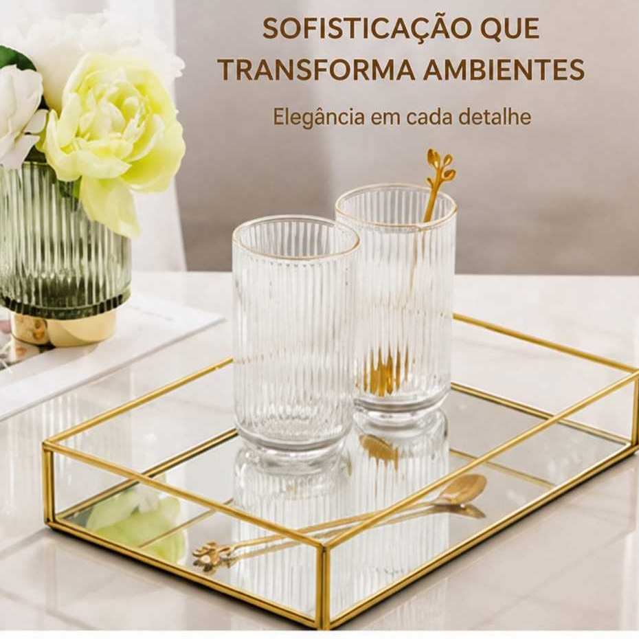 Bandeja Decorativa Espelhada Multiuso Retangular Metal Dourado