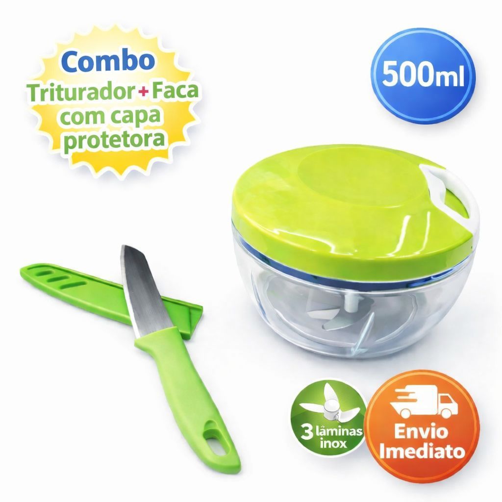 Kit Triturador Manual 200ml + Faca Inox | Processador Alho Cebola Legumes 2 Lâminas | Leve 2 Pague 1