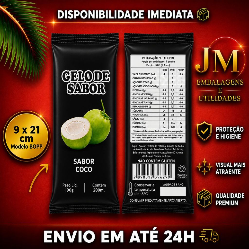 Embalagem para Gelo Saborizado (Sabor Coco) - 250 Embalagens Bopp 9 x 21 Saco Higienico Externo