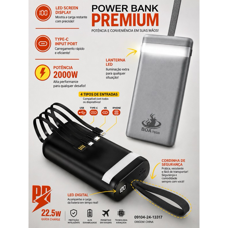 CARREGADOR POWER BANK 20000mah TURBO UNIVERSAL, para viagem passeio, celular fone relógio..