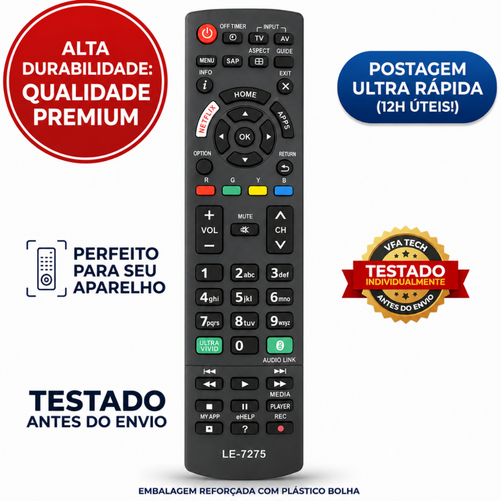 Controle Remoto Tv Smart Panasonic Com/Tecla Áudio Link Netflix UltraVivid LE 7275