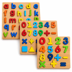 Brinquedo Letras Números Formas de Madeira Aprenda Brincando Alfabeto Tabuleiro Conta