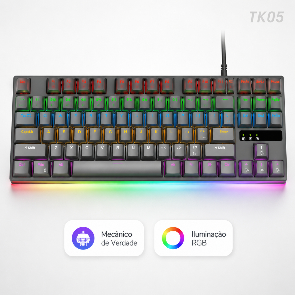 Teclado Mecânico Gamer TK07 Compacto 64 Teclas, RGB, Switch Vermelho, USB + 2.4G + Bluetooth