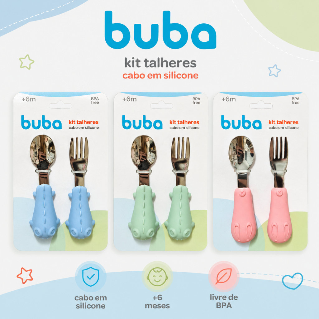 Talheres em Aço Buba Colher e Faca Cabo Em Silicone Infantil Menino e Menina