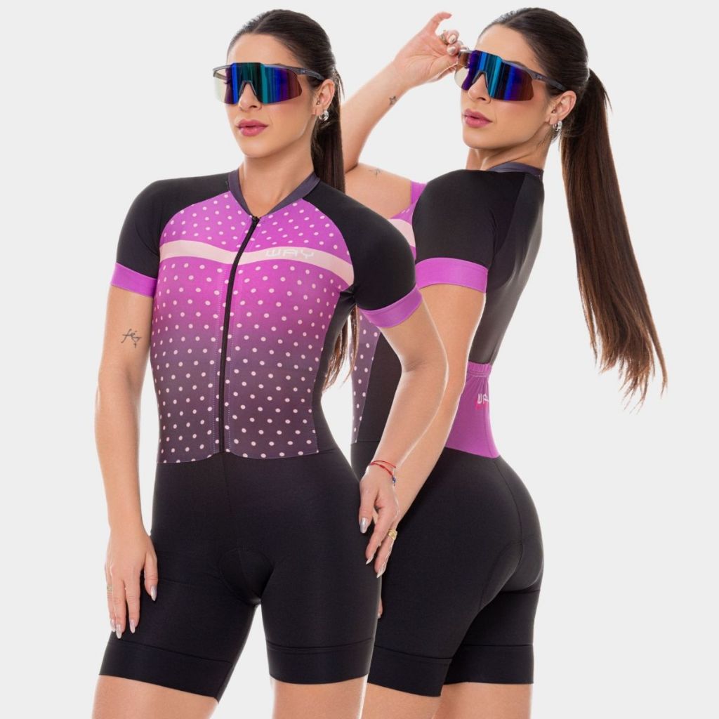 Macaquinho de Ciclismo Feminino Macacão Forro Espuma Roxo Lilás Manga Curta Bike