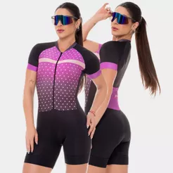 Macaquinho de Ciclismo Feminino Macacão Forro Espuma Roxo Lilás Manga Curta Bike Pedal Mtb