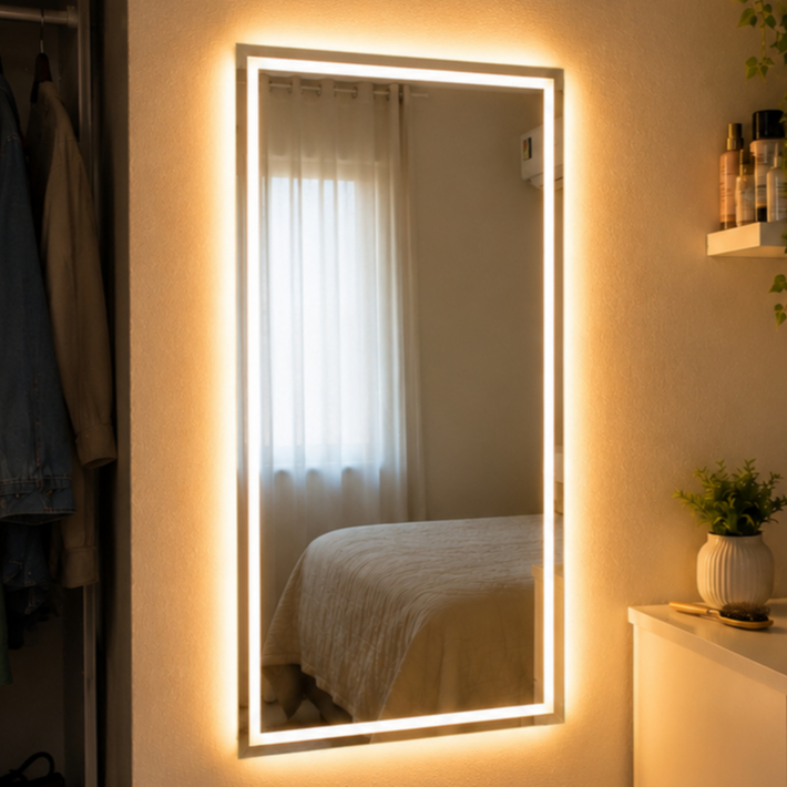Espelho Grande com Led 3 cores e Touch Jateado Fino 70 x 50 cm Lapidado para Banheiro e Decoração