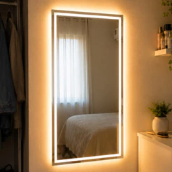 Espelho Grande com Led 3 cores e Touch Jateado Fino 70 x 50 cm Lapidado para Banheiro e Decoração