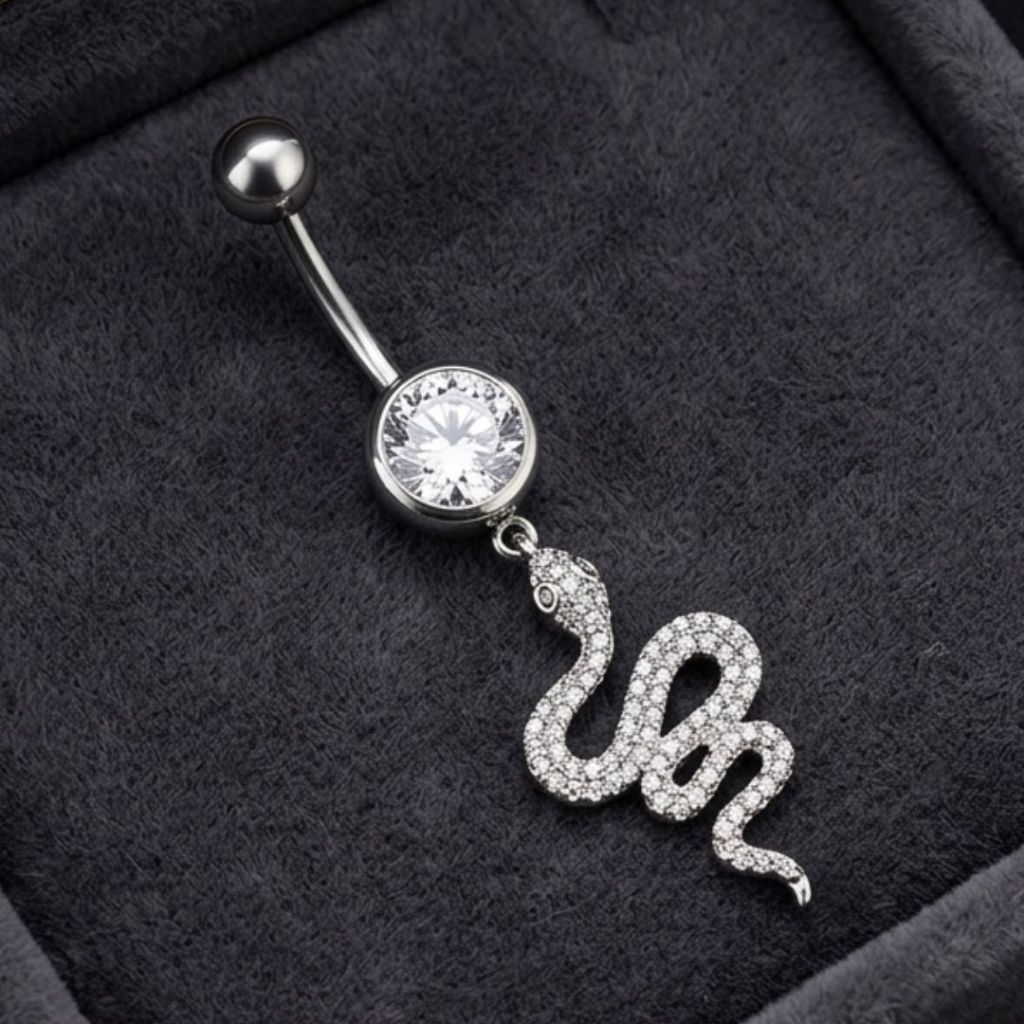 Piercing de Umbigo Cobra Cravejada Zircônia Pingente Premium em Aço Cirúrgico 316L