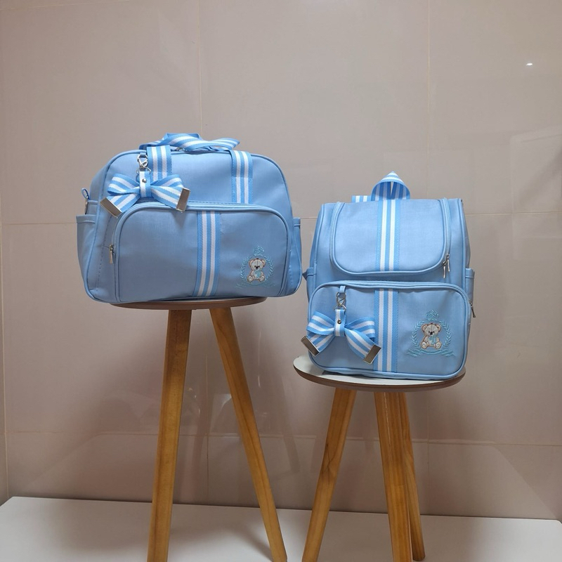 kit Bolsa de Bebê e Mochila Maternidade Luxo Urso Rei Azul bebê/ Azul claro