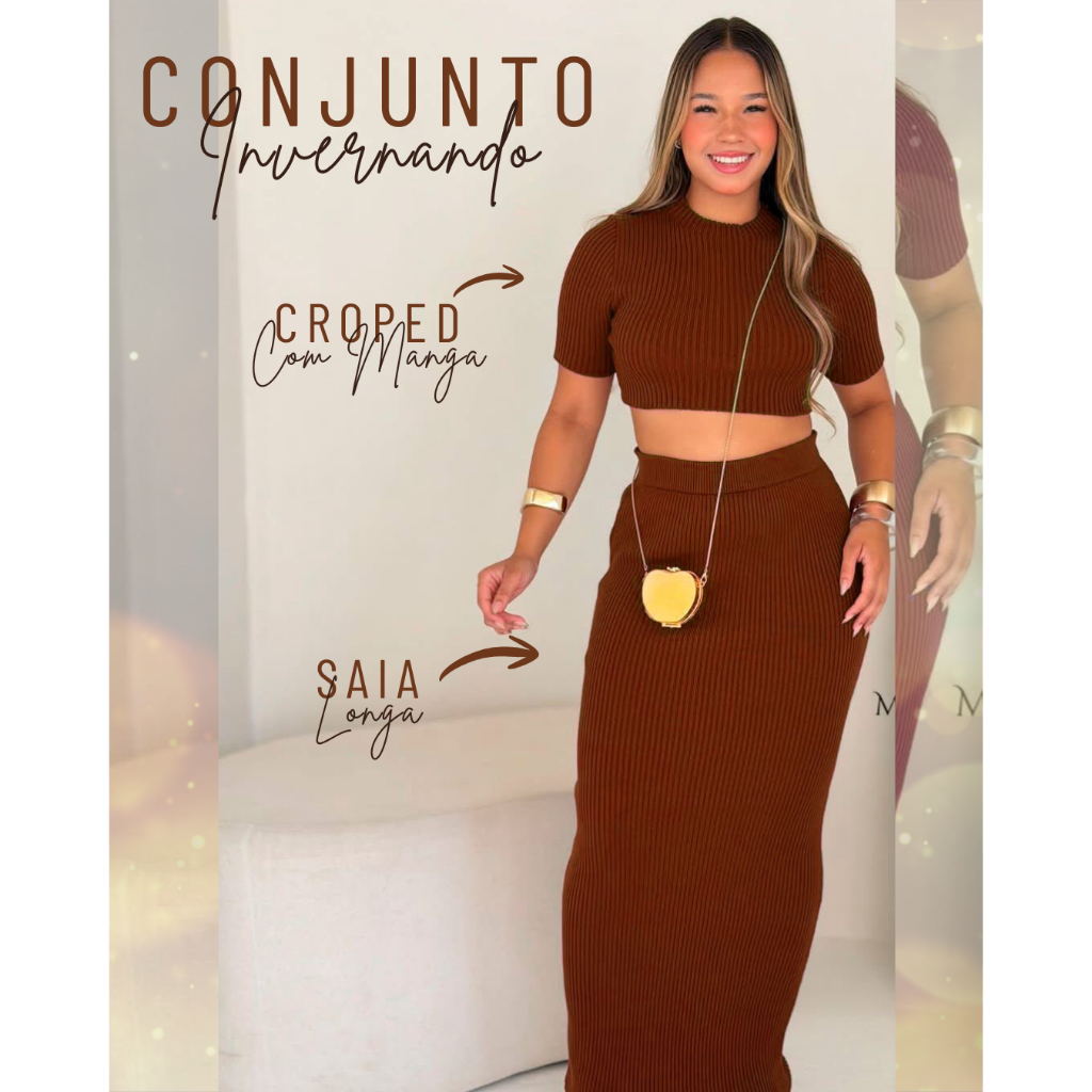 Conjunto Feminino Cropped + Saia Longa Canelado Tamanho Único | Elegante, Ajustado ao Corpo e Confortável