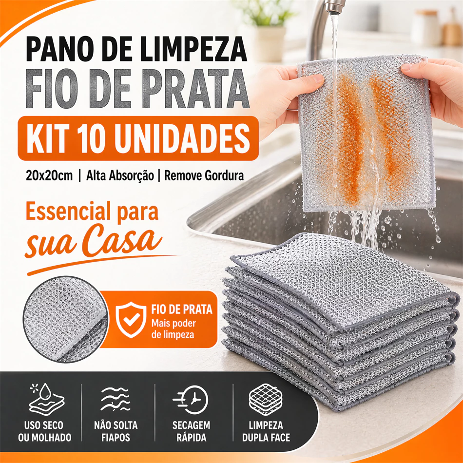 Pano de Limpeza Fio de Prata Dupla Face 10 Unidades Remove Gordura 20x20cm — imagem 1
