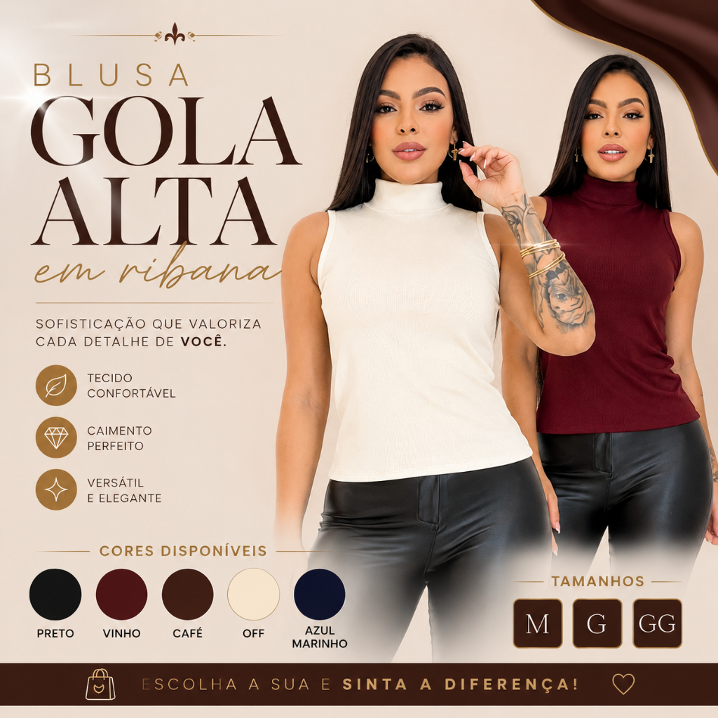 Blusa Gola Alta Feminina Ribana Canelada Elegante Casual Confortável Moda Inverno