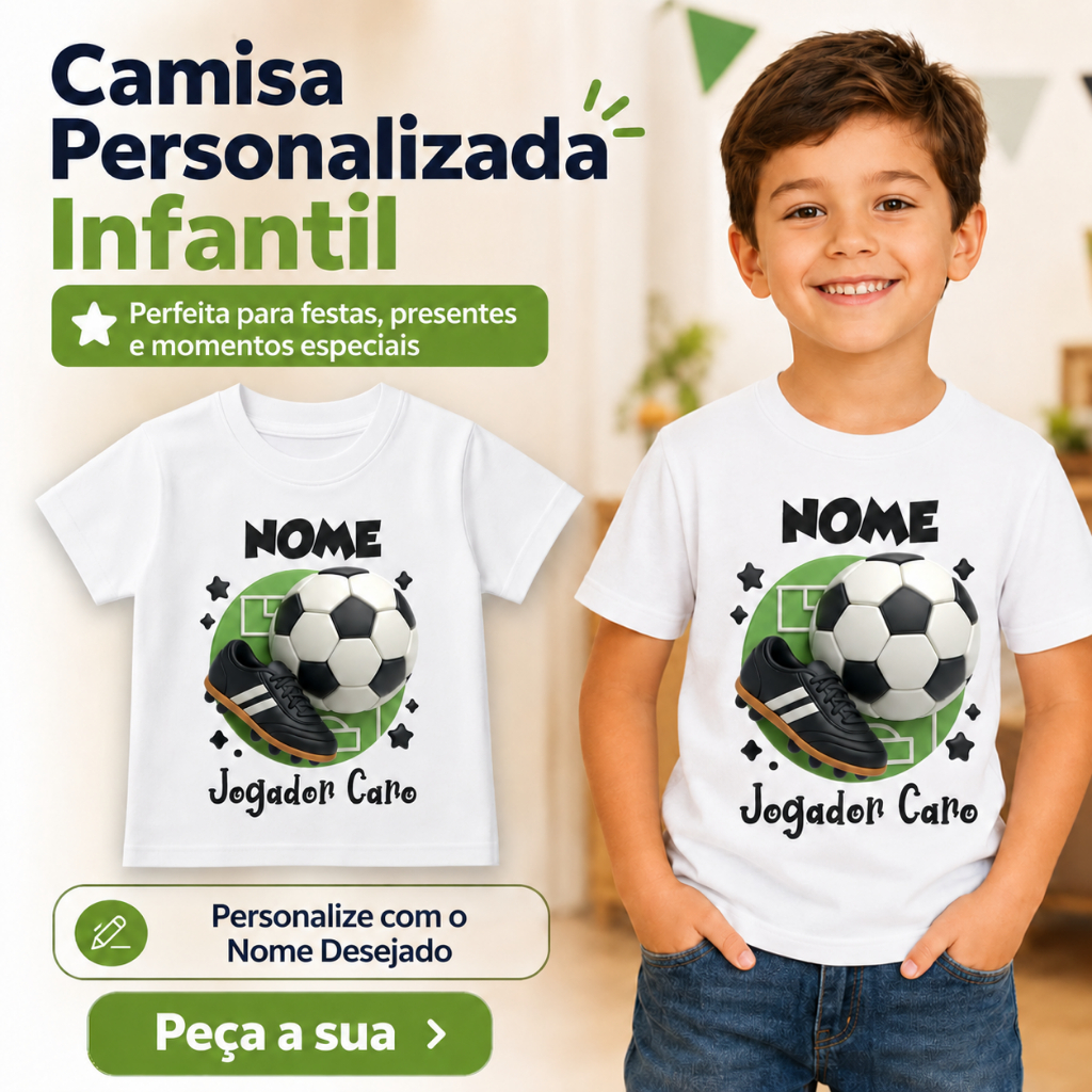 Camisa Personalizada Aniversário Infantil Futebol Jogador Caro com Nome - TN910