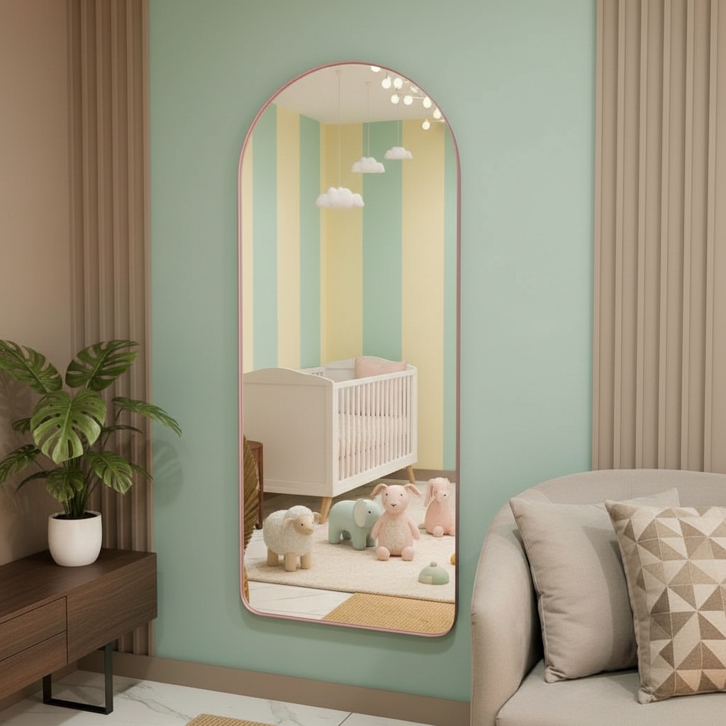 Espelho Oval Flame Para Quarto Infantil Feminino Madri Base Reta Moldura de Cour
