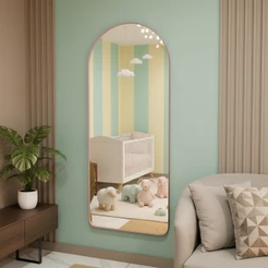 Espelho Oval Flame Para Quarto Infantil Feminino Madri Base Reta Moldura de Couro 120cm x 50cm