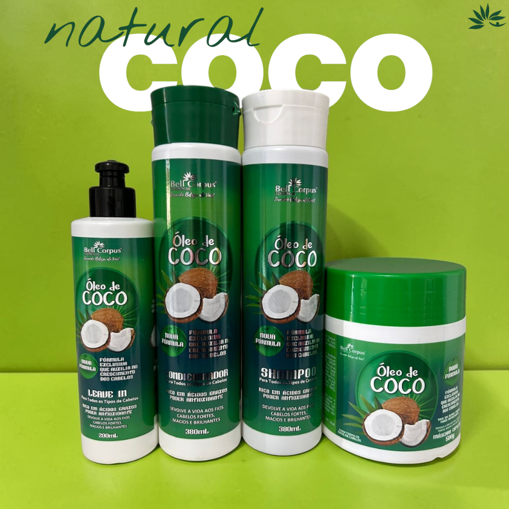 Kit Tratamento Capilar Óleo de Coco Shampoo Condicionador Máscara e Leave-in  Bellcorpus Cosméticos