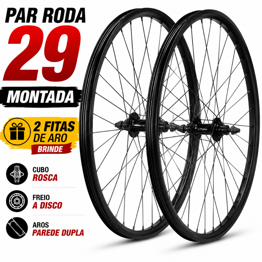 Par Roda 29 Montada Freio Disco Cubo Rosca Aço Raios Pretos + 2 Fitas Aro Brinde